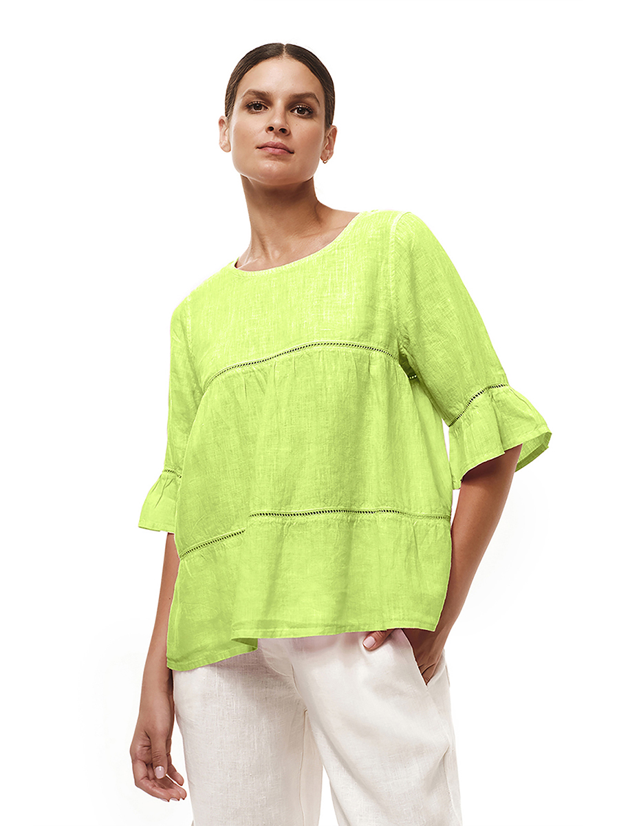 Guipure Lace Insert Flounce Sleeve Ruffle Hem Blouse