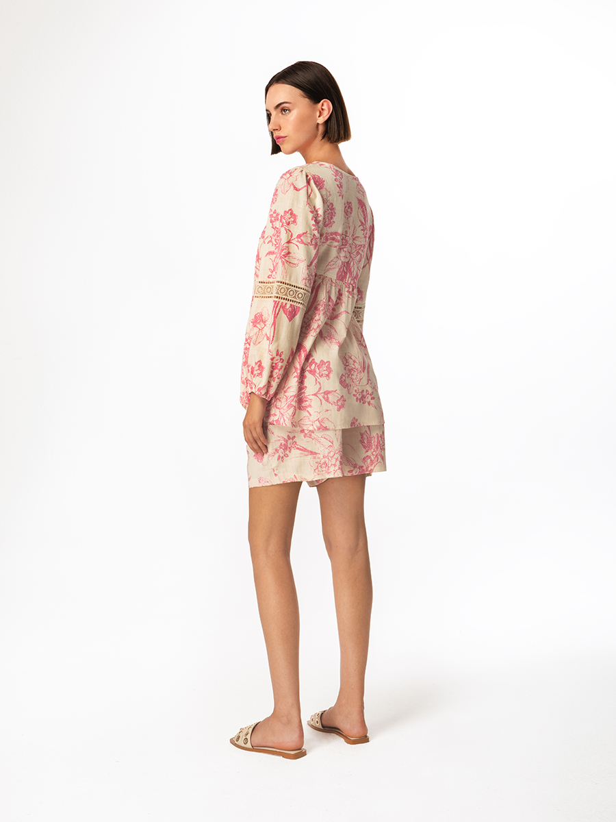 Printed Linen Blend Blouse with Balloon Sleeves and Lace