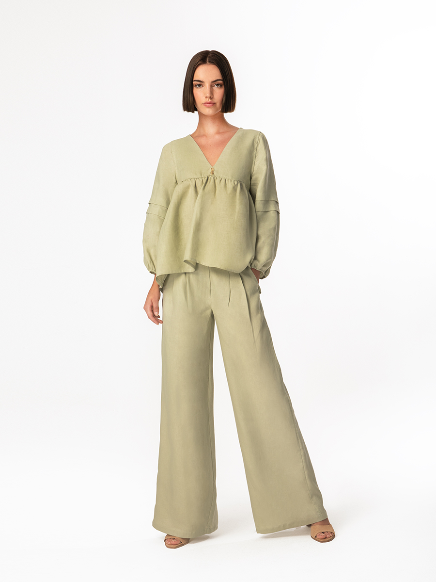 Linen Blouse with Balloon Sleeves