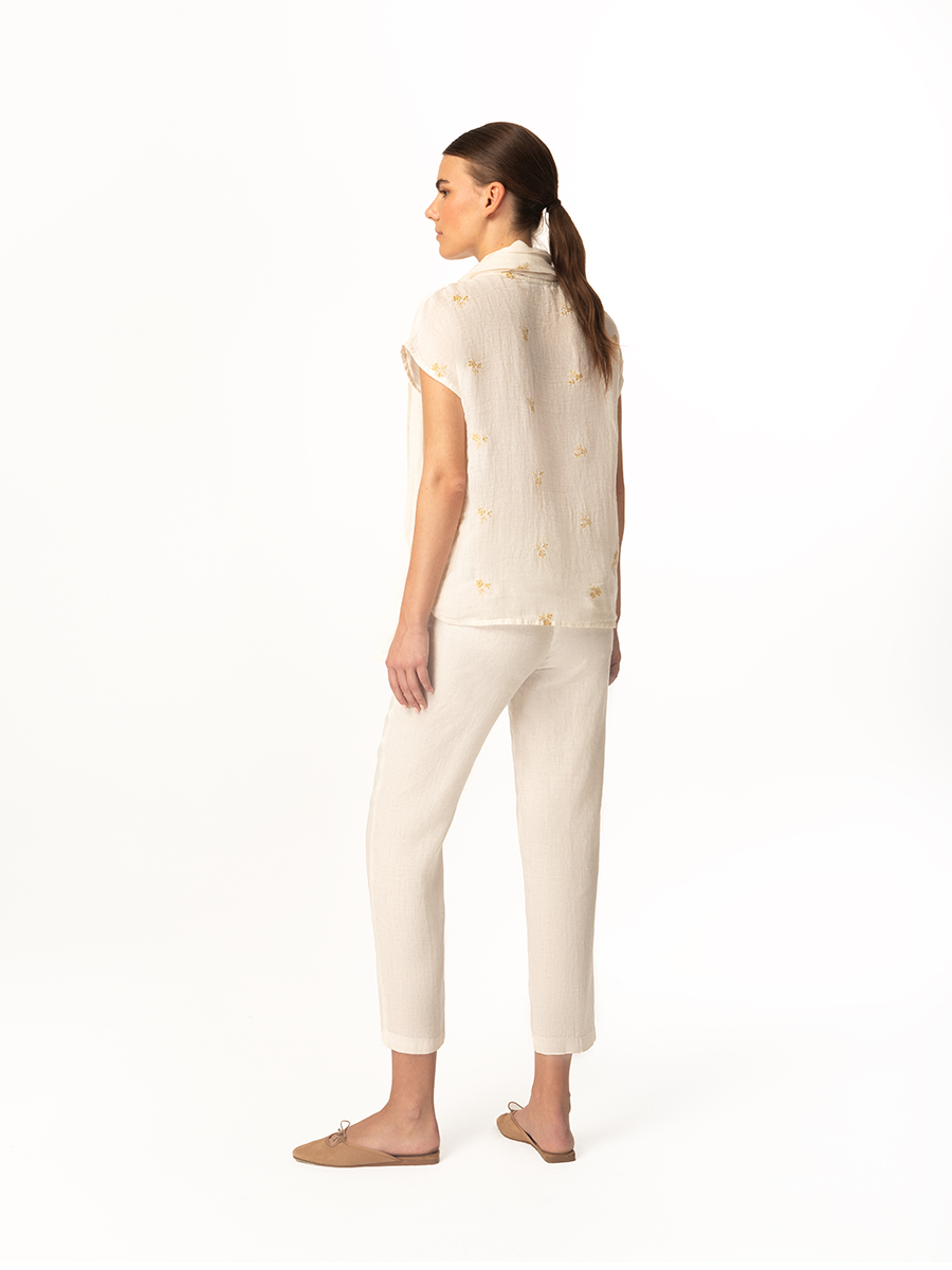 Linen Gauze Blouse with Embroidery and Pleats at the Bottom