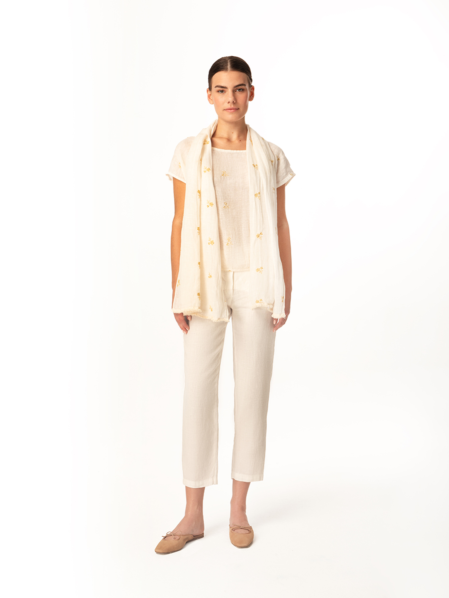 Linen Gauze Blouse with Embroidery and Pleats at the Bottom