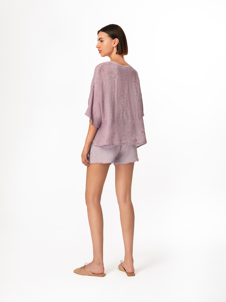 Linen Gauze Blouse with Embroidery and Front Pocket