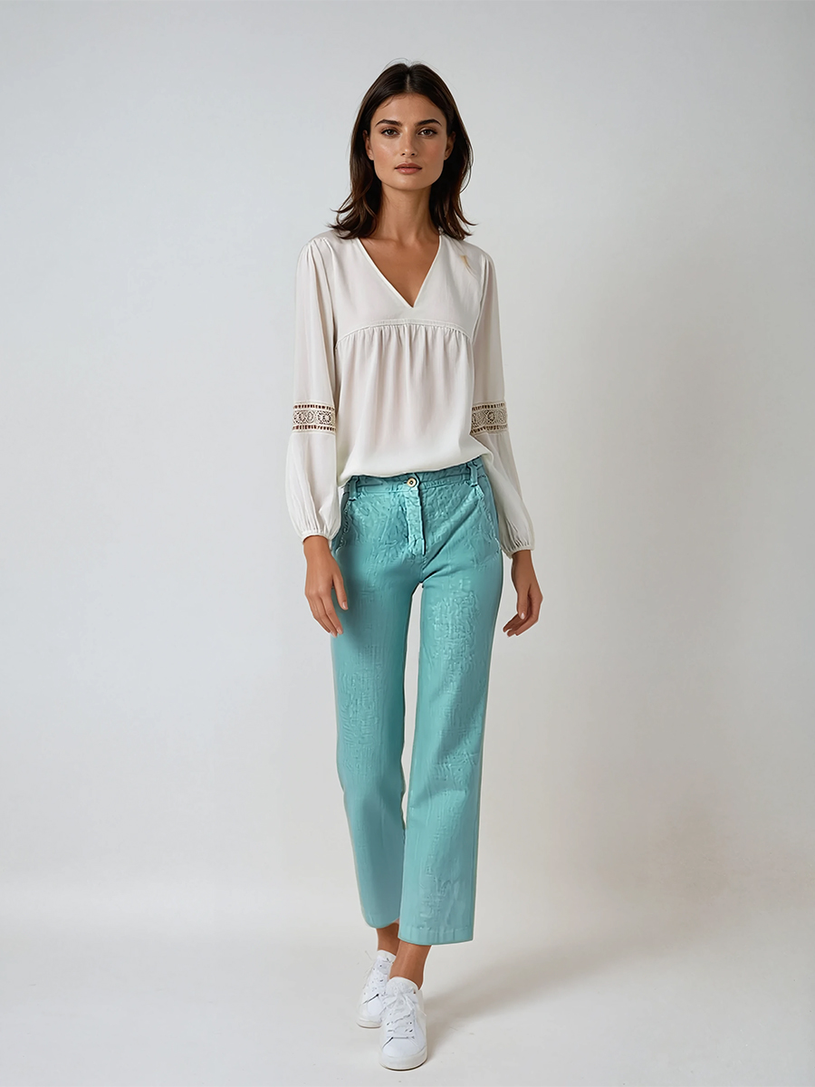 Linen Blouse with Long Ballon Sleeves and Lace