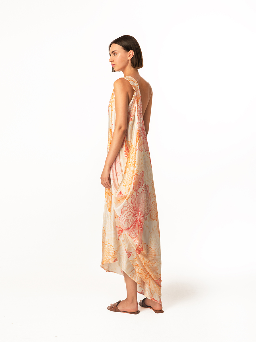 Asymetrical Printed Satin Dress with One Shoulder