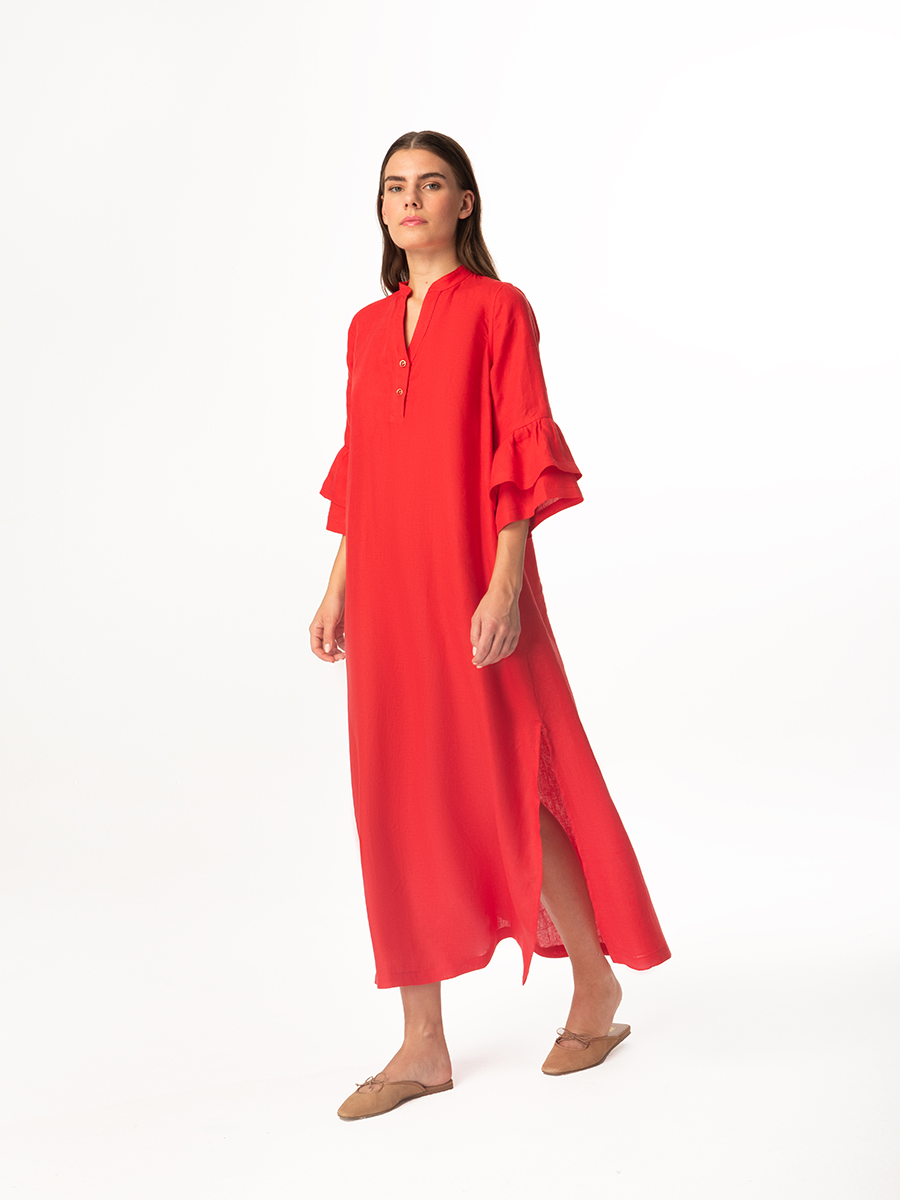 Mandarin Neck Linen Dress with Bell Sleeves and Side Slits