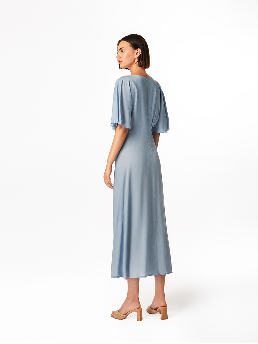 Voile Viscose V Neck Dress with Flutter Sleeves