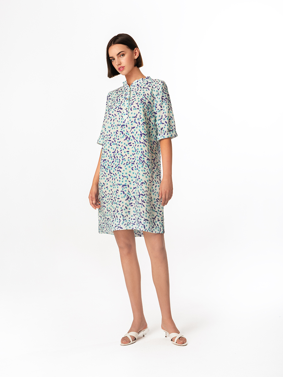 Button Front Printed Linen Dress with Mandarin Neck