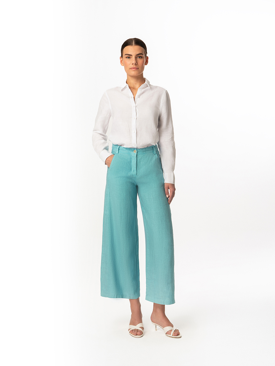 Cropped Bell Bottom Linen Pants with Back Pockets