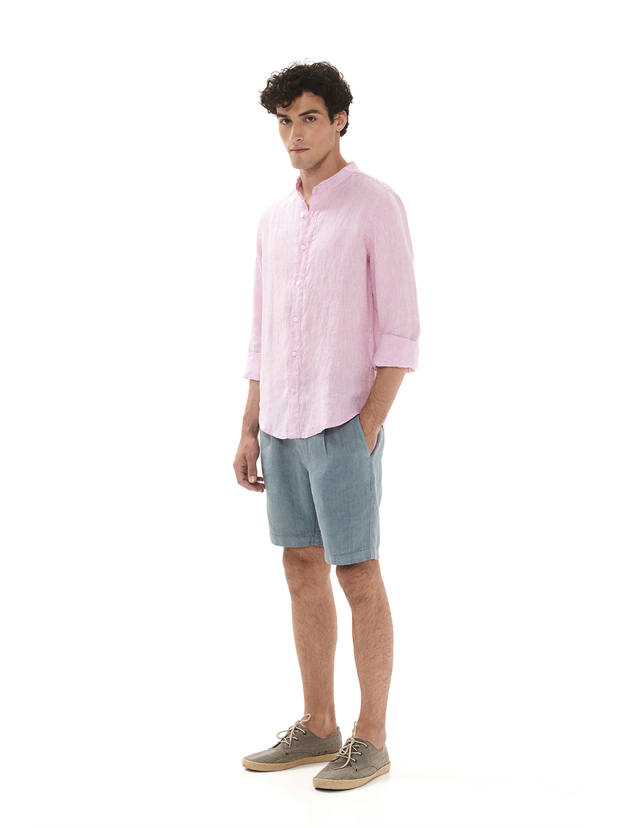 Slim Fit Mandarin Neck Linen Melange Shirt