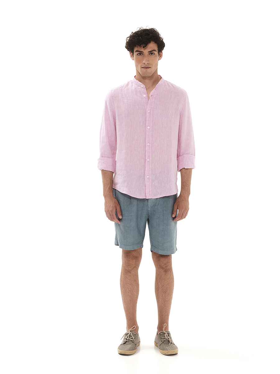 Slim Fit Mandarin Neck Linen Melange Shirt