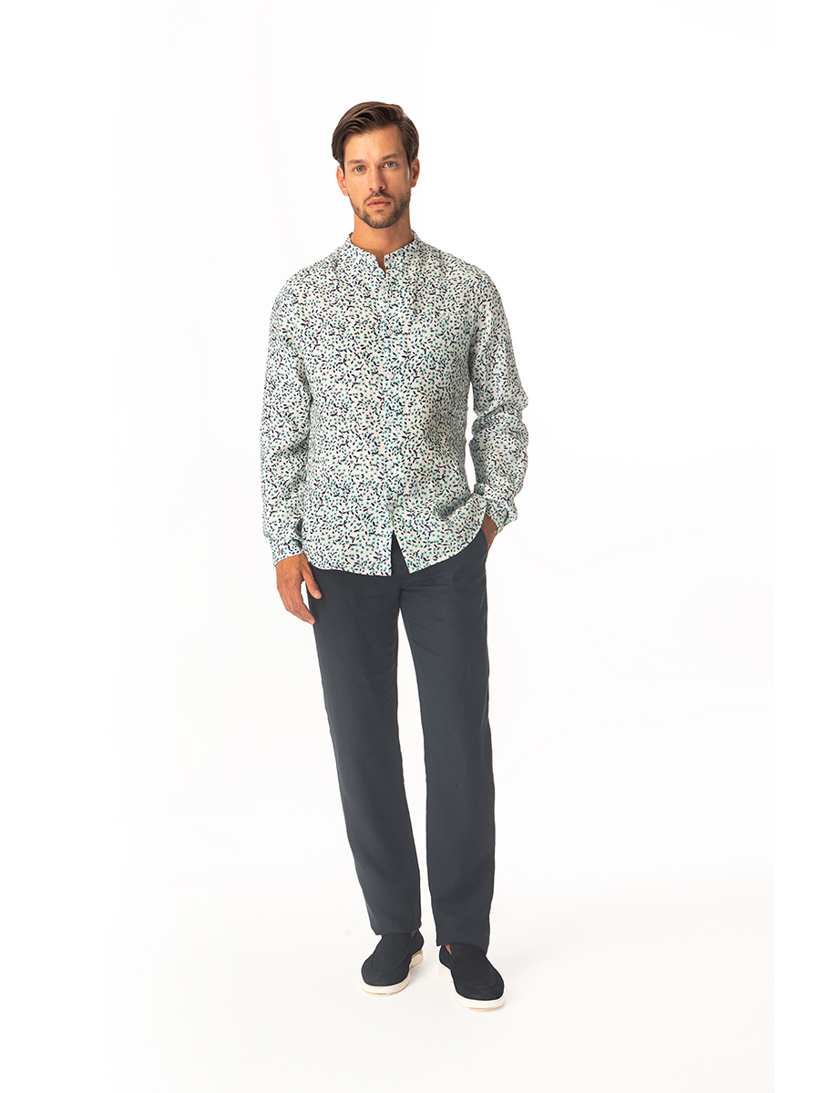 Printed Long Sleeved  Slim Fit Shirt With Mandarin Neck