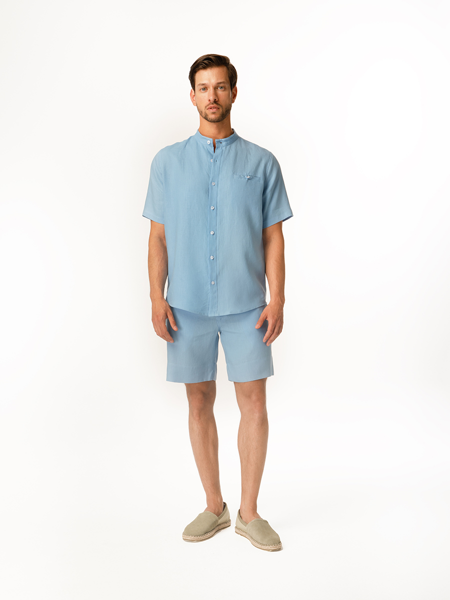 Slim Fit Short Sleeved Linen Shirt with Mandarin Neck