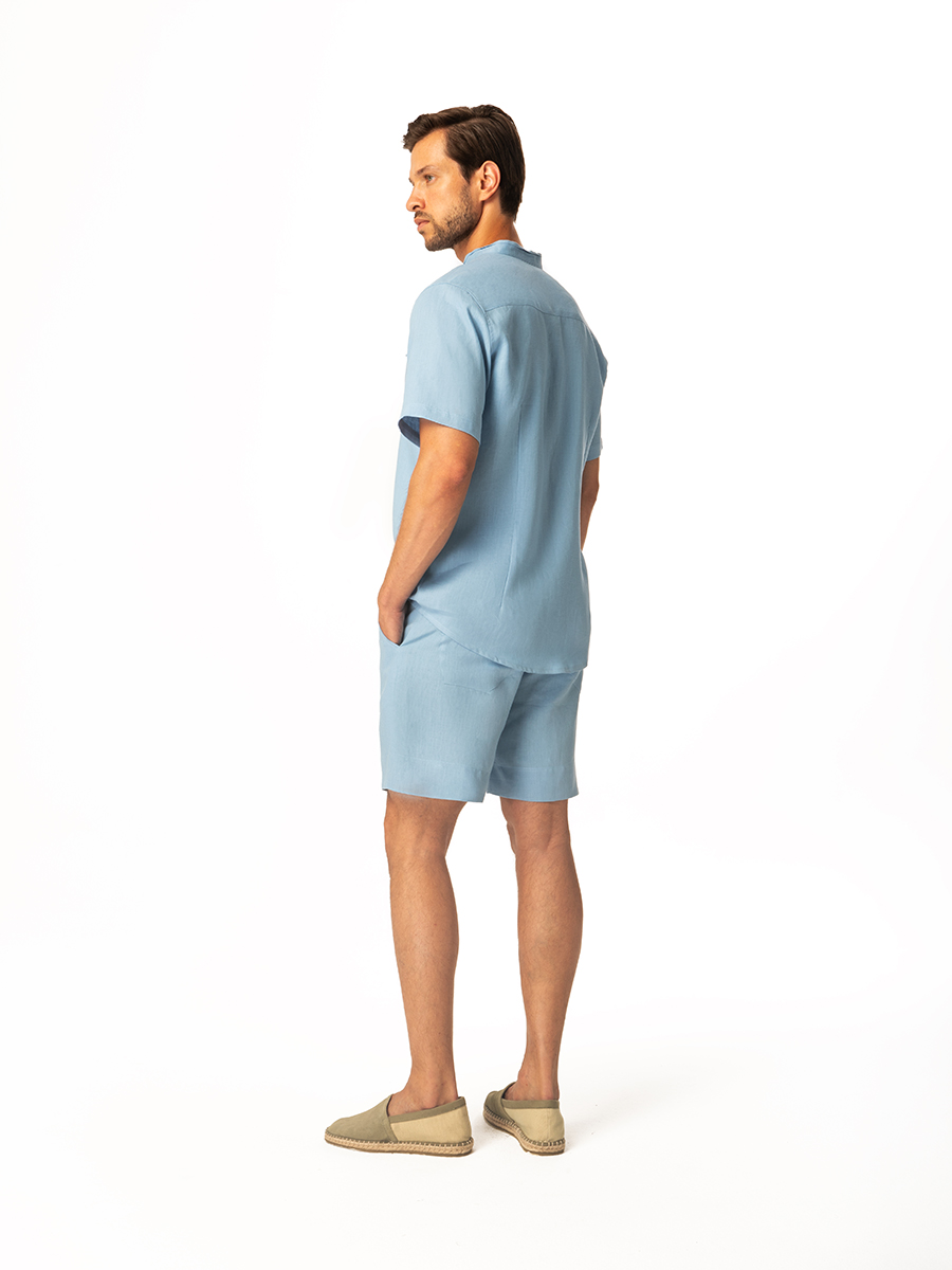 Slim Fit Short Sleeved Linen Shirt with Mandarin Neck