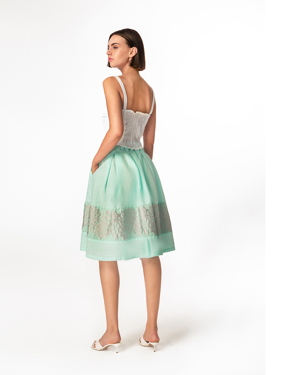 Linen Skirt with Pleats and Cotton Embroidery